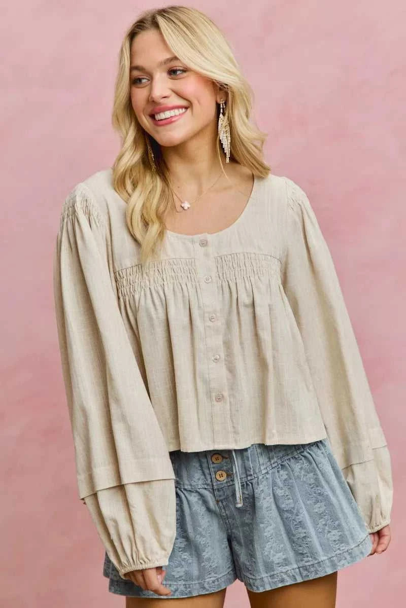 SO ME Linen Blend Woven Long Sleeve With Smocking Top 100100082081653 47 Gifts for Her Jerry's Apparel 