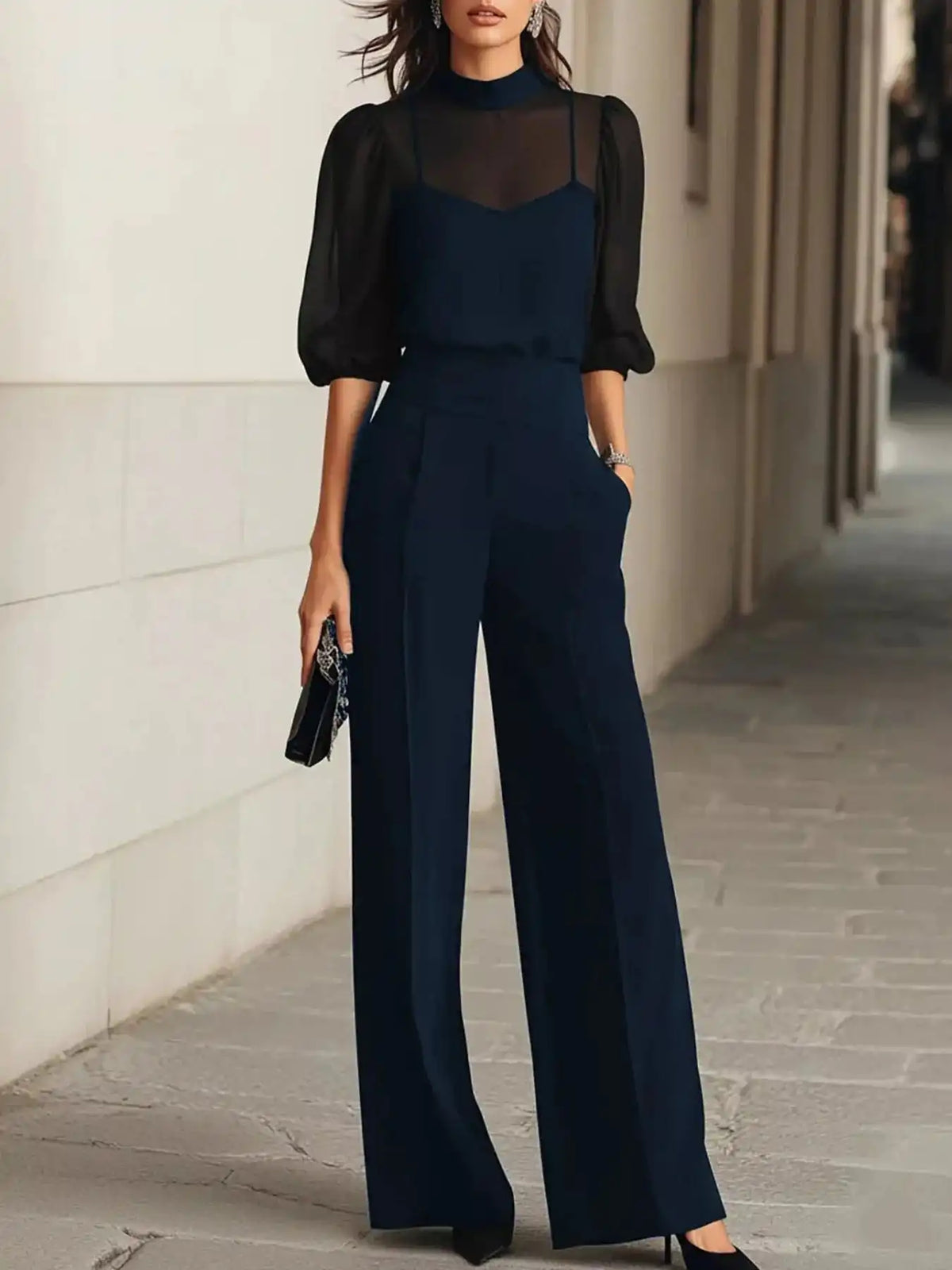 Mock Neck Puff Sleeve Top and Wide Leg Pants Set 101001448710869 73 Affordable Fashion Under $100 Jerry's Apparel 