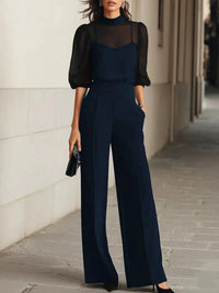 Mock Neck Puff Sleeve Top and Wide Leg Pants Set 101001448710869 73 Affordable Fashion Under $100 Jerry's Apparel 