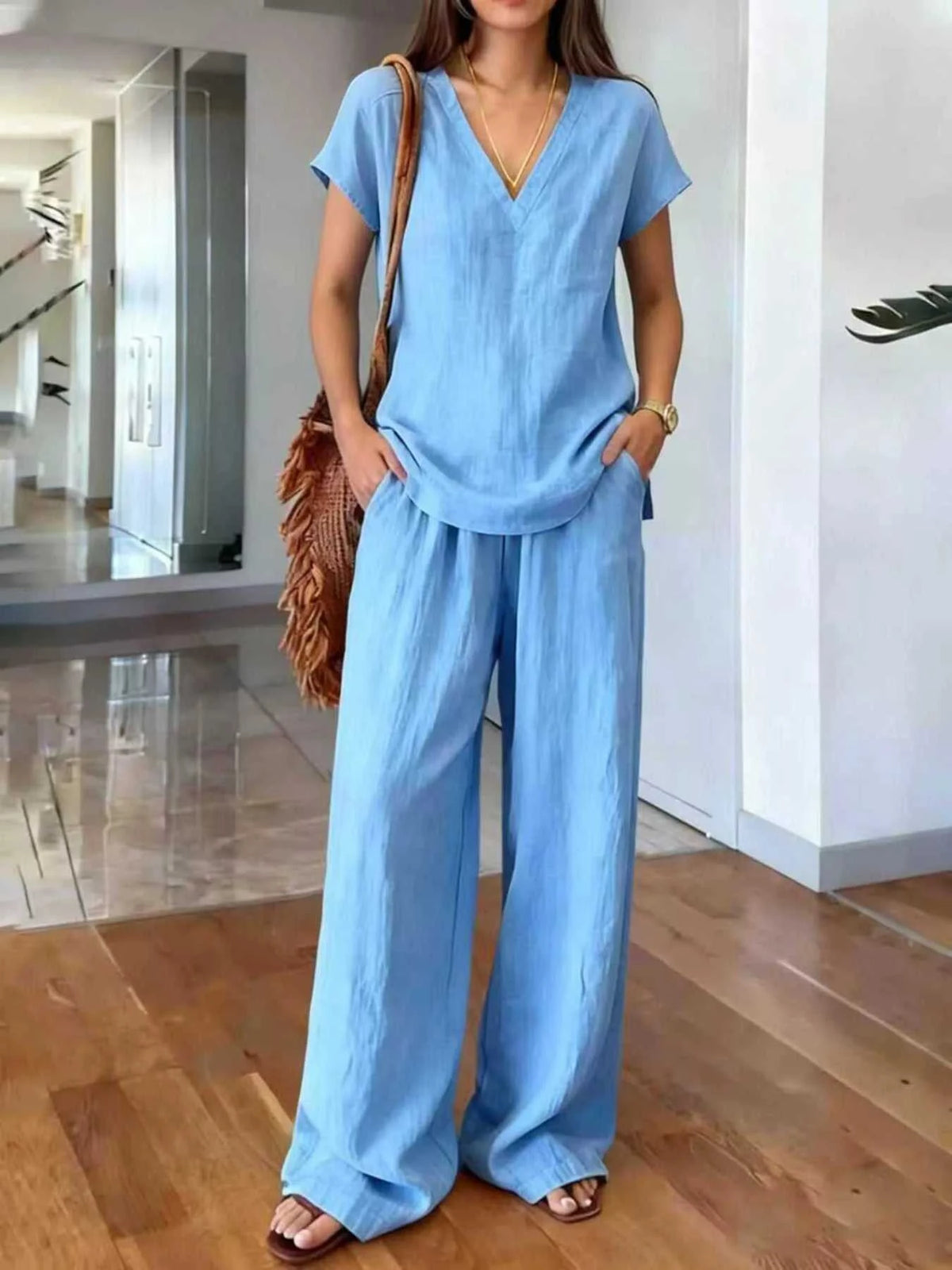 Full Size V-Neck Short Sleeve Top and Pants Set Plus Size 100100910451013 35 Affordable Fashion Under $100 Jerry's Apparel 