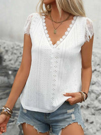 Perfee Eyelet Lace Detail V-Neck Cap Sleeve Top 100100934591306 25 Affordable Fashion Under $100 Jerry's Apparel 
