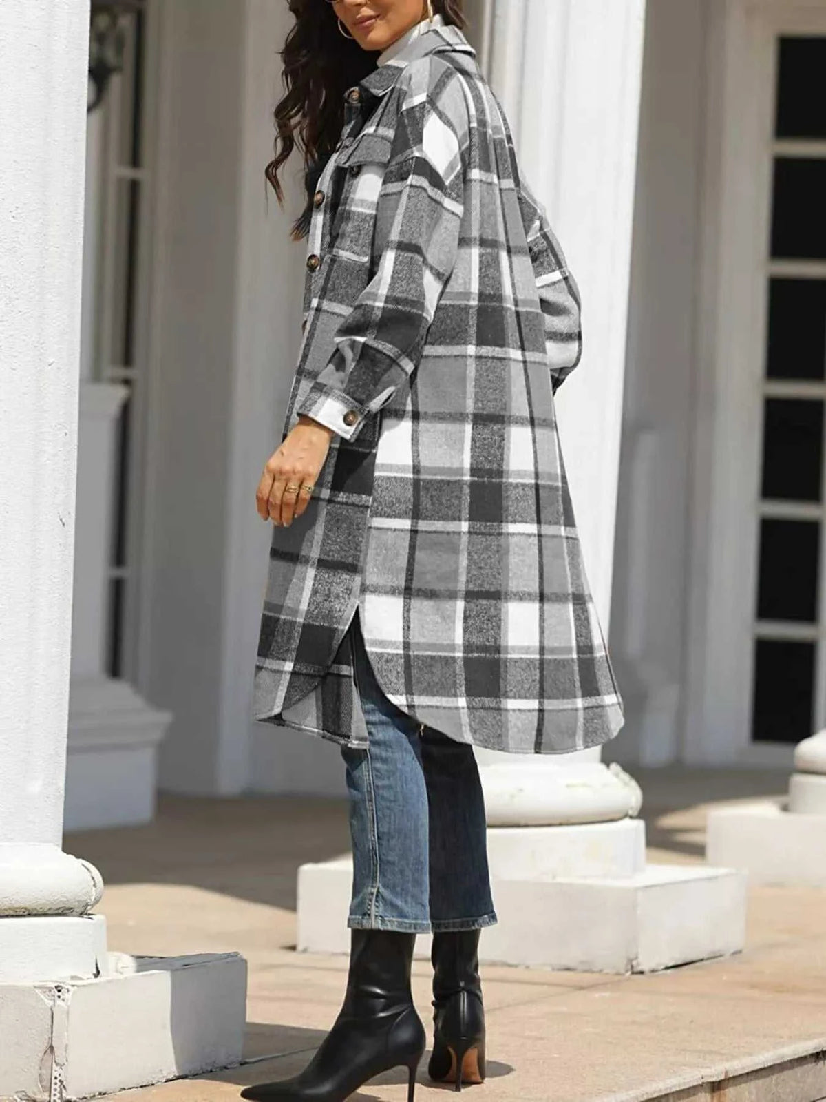 Longline Plaid Button-Up Coat 100100642429775 44 Affordable Fashion Under $100 Jerry's Apparel 