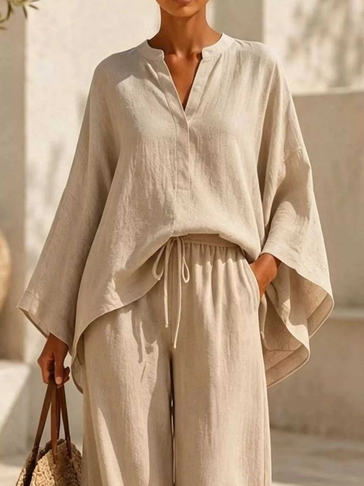 Full Size Notched Long Sleeve Top and Wide-Leg Pants Set Plus Size 100100051091822 45 Affordable Fashion Under $100 Jerry's Apparel 