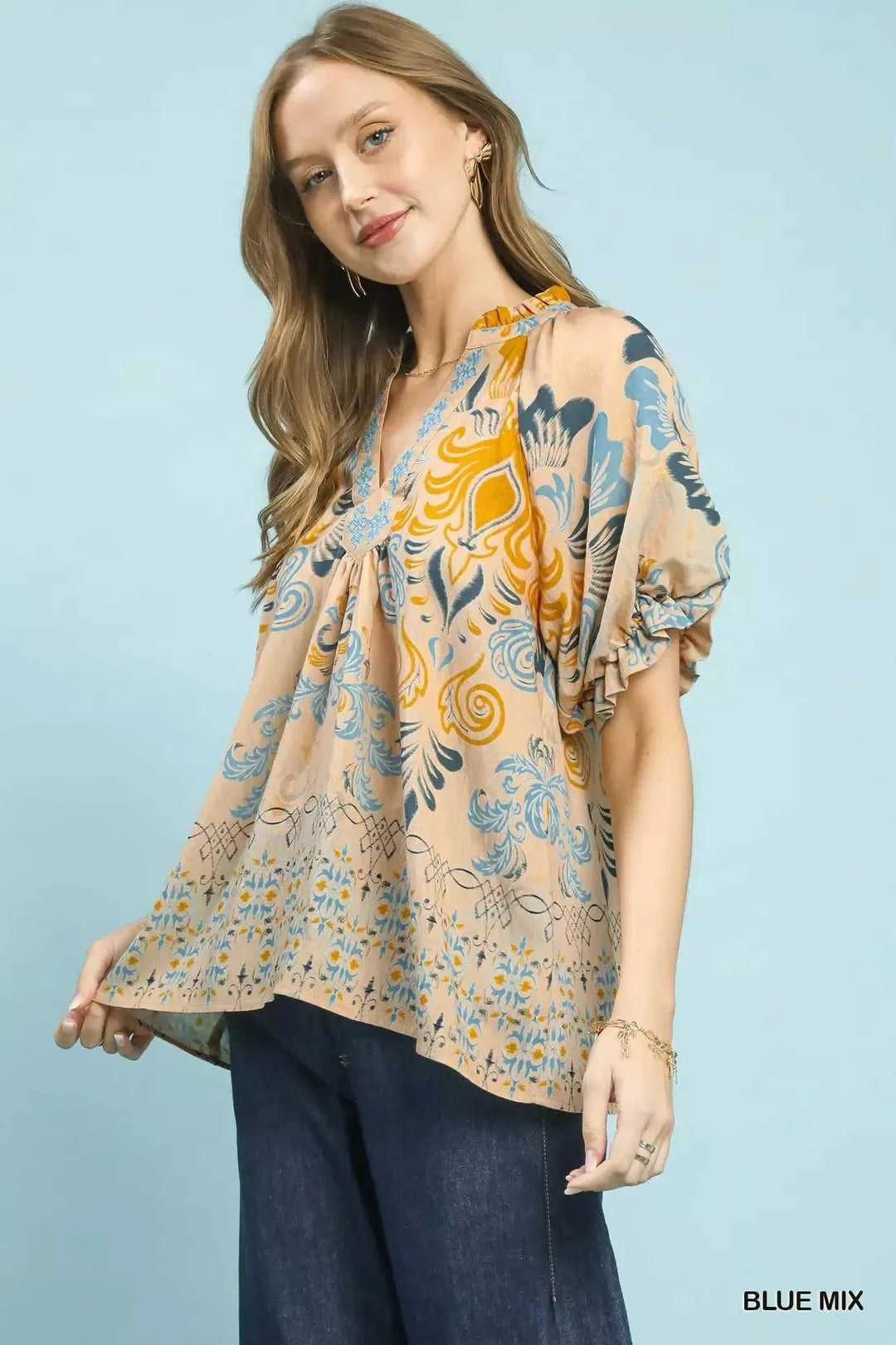 Umgee Border Print Puff Sleeve V-Neck Blouse 100100982111537 49 Affordable Fashion Under $100 Jerry's Apparel 