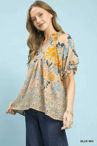 Umgee Border Print Puff Sleeve V-Neck Blouse 100100982111537 49 Affordable Fashion Under $100 Jerry's Apparel 
