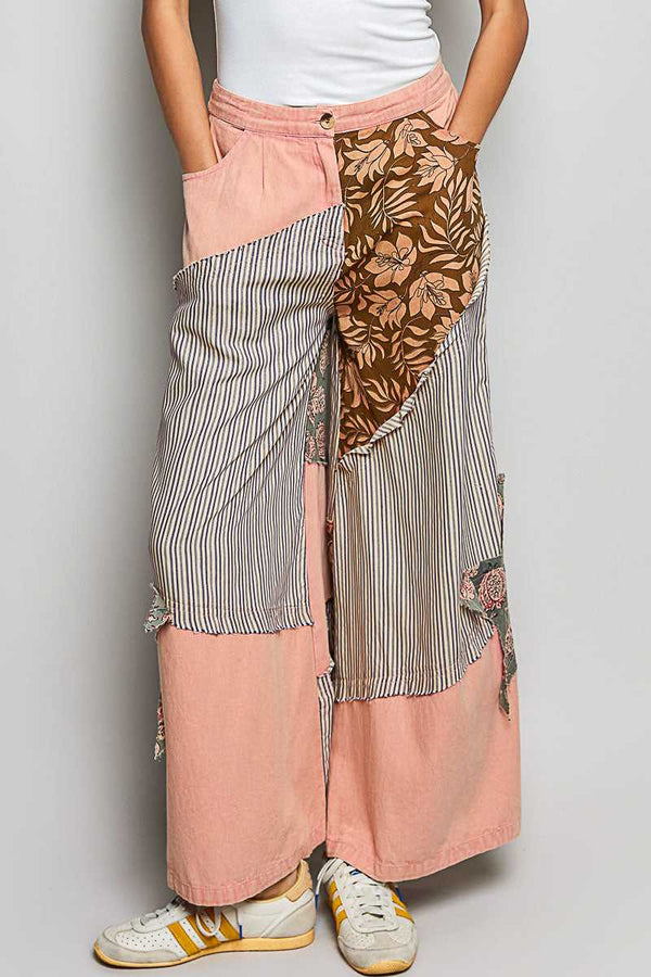 POL Striped Floral Patchwork Wide leg Pants with Side Big Star Patch 100100060771533 59 Affordable Fashion Under $100 Jerry's Apparel 