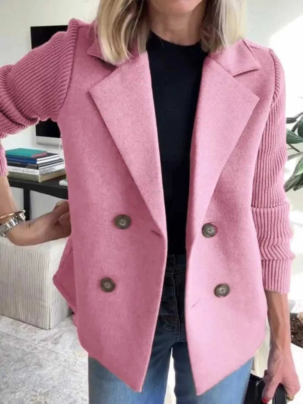 Full Size Knitted Sleeve Wool Blend Double-Breasted Blazer Plus Size 100100695520527 42 Affordable Fashion Under $100 Jerry's Apparel 