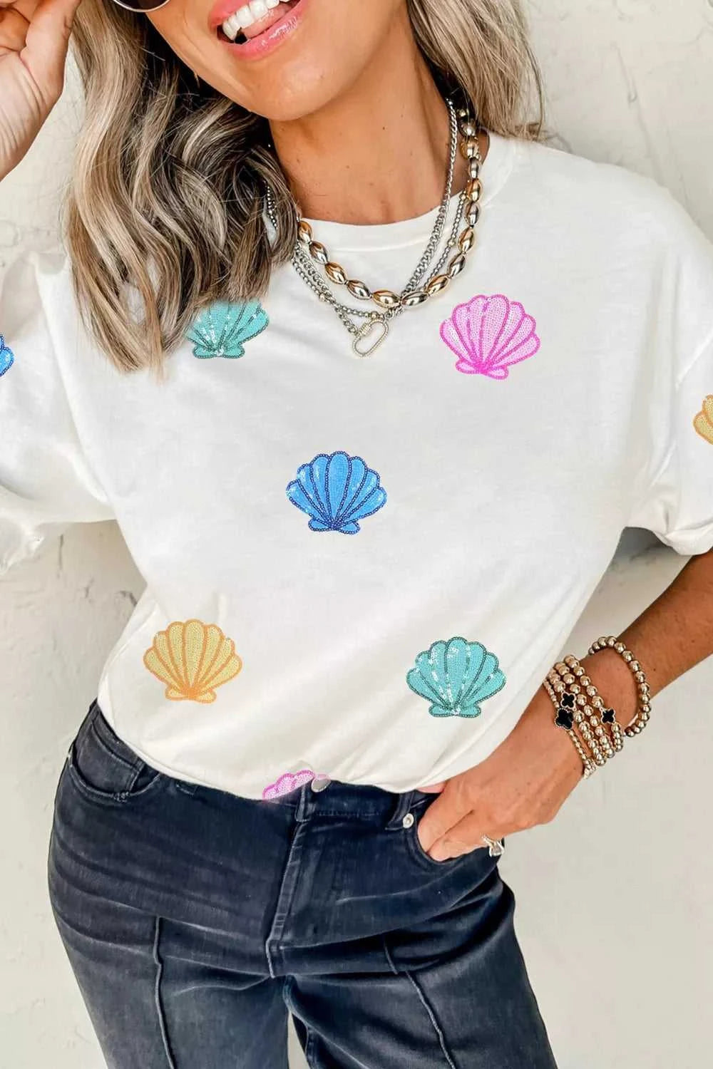 Sequin Shell Graphic Summer Loose T Shirt 100100333002381 36 Affordable Fashion Under $100 Jerry's Apparel 