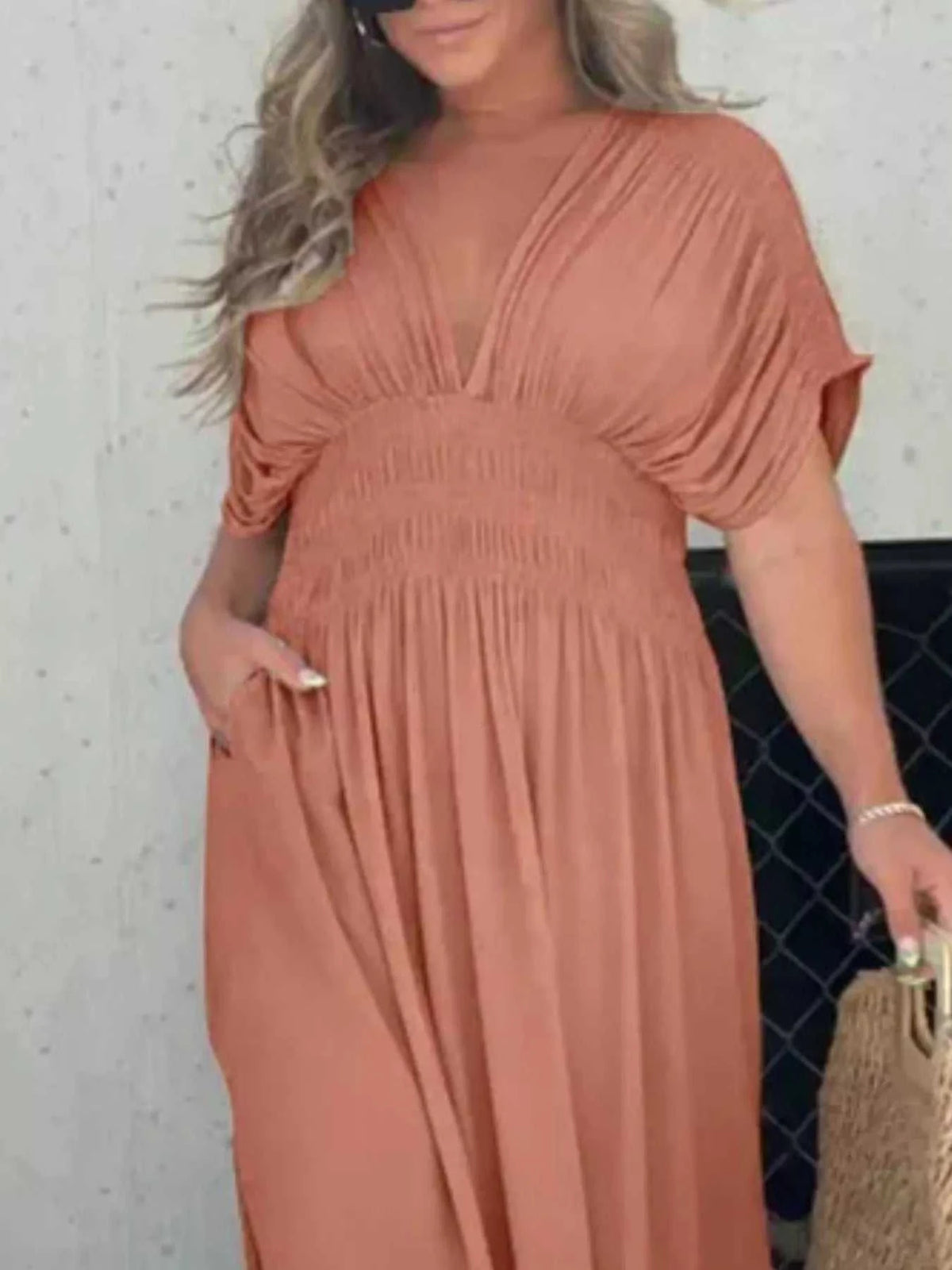 Full Size Slit V-Neck Smocked Waist Maxi Dress Plus Size 100100000480005 59 Gifts for Her Jerry's Apparel 