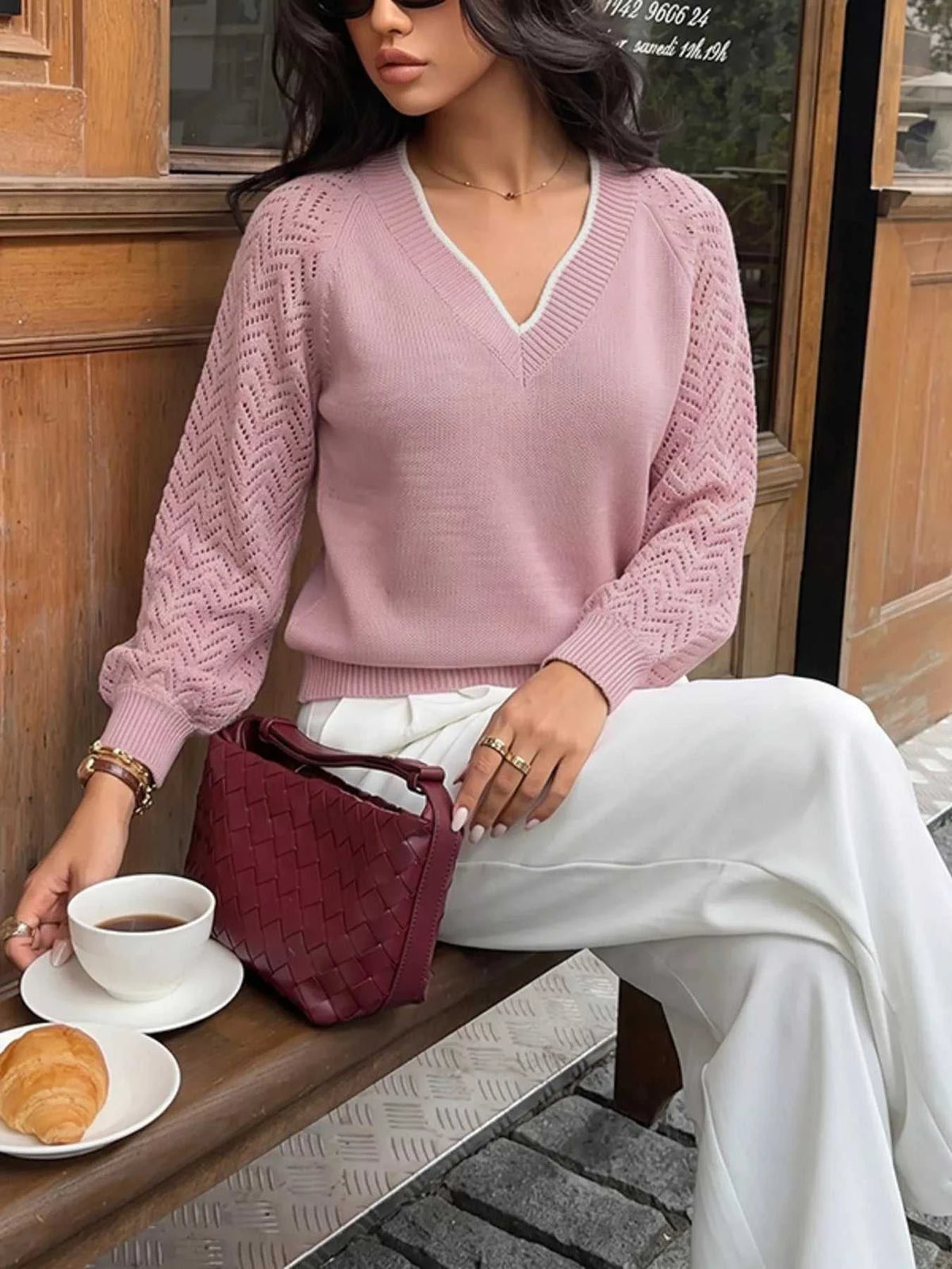 V-Neck Openwork Long Sleeve Sweater 100100123464940 41 Affordable Fashion Under $100 Jerry's Apparel 