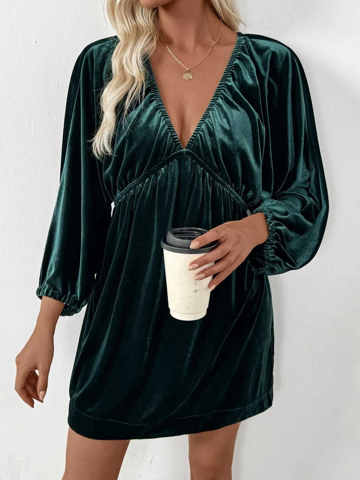 Ruched V-Neck Balloon Sleeve Dress 100100977231400 48 Affordable Fashion Under $100 Jerry's Apparel 