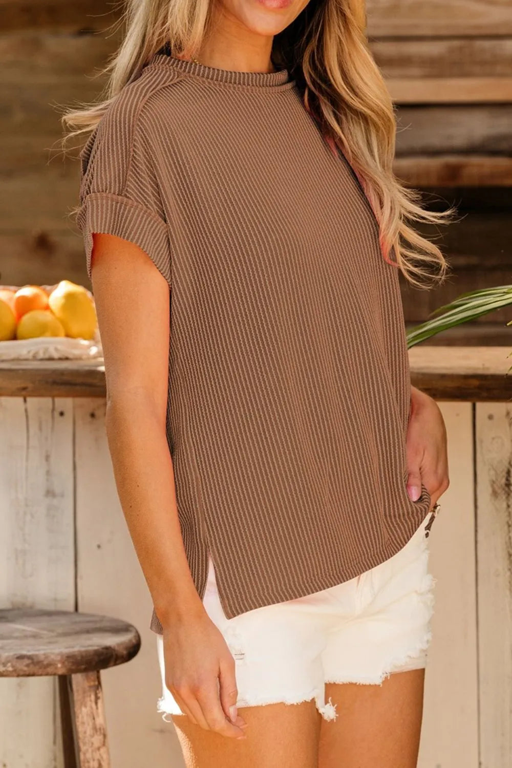 Casual Ribbed Short Sleeve Round Neck T-Shirt