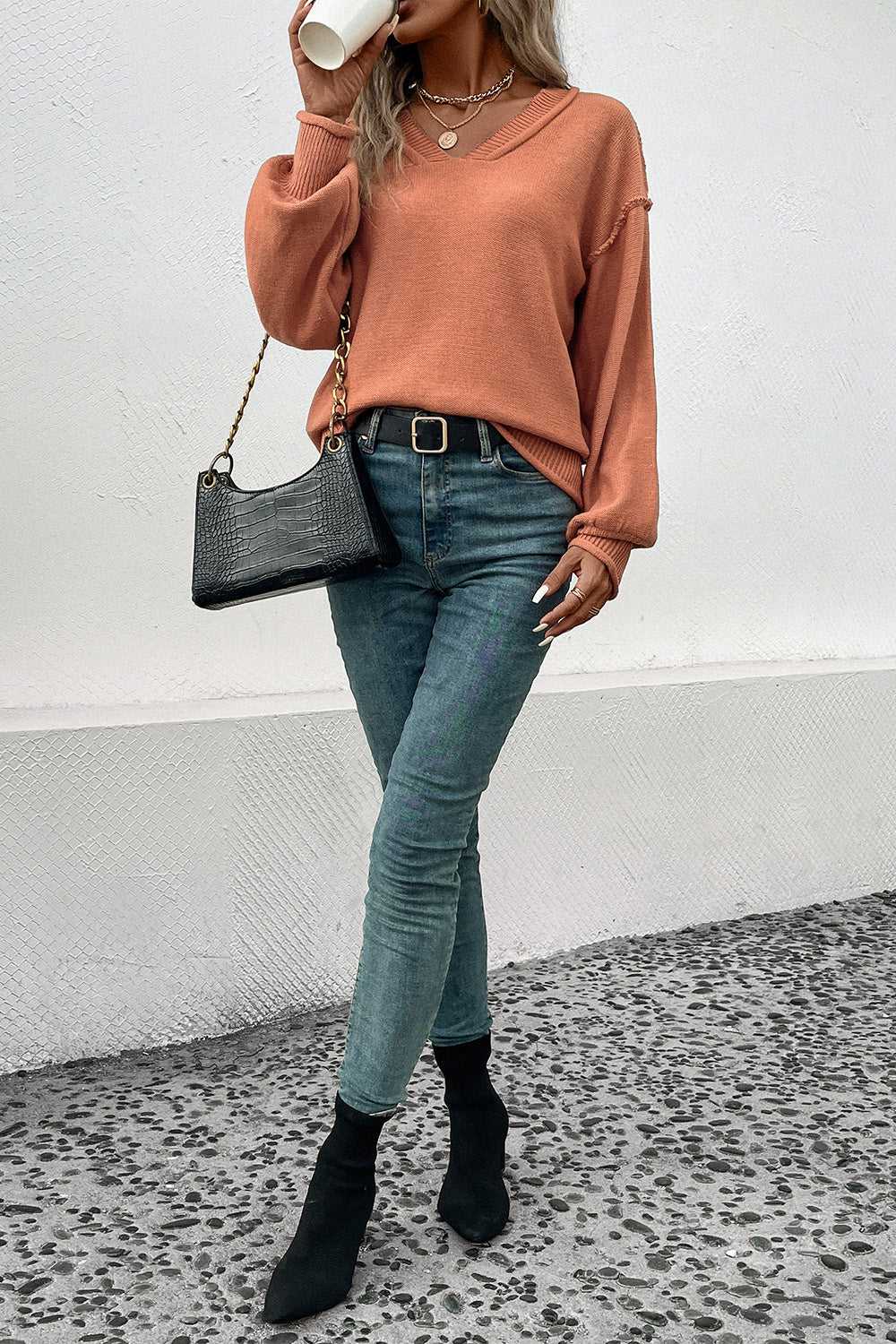 Perfee V-Neck Exposed Seam Sweater 100100376066113 36 Women's Sweaters and Knitwear Jerry's Apparel 