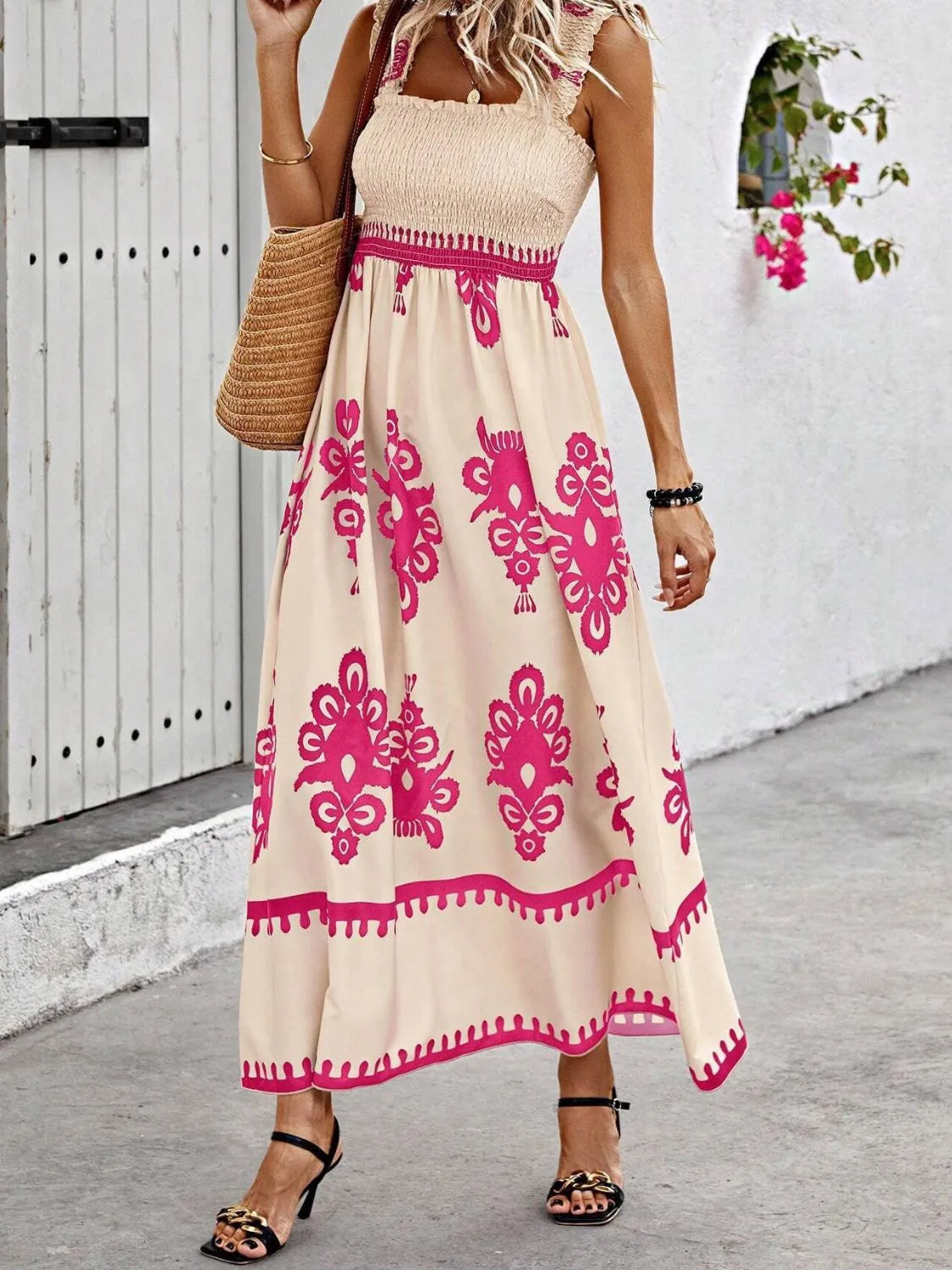 Smocked Printed Wide Strap Maxi Dress