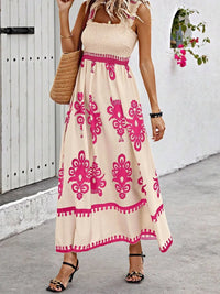 Smocked Printed Wide Strap Maxi Dress