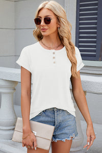 Buttoned Round Neck Short Sleeve T-Shirt