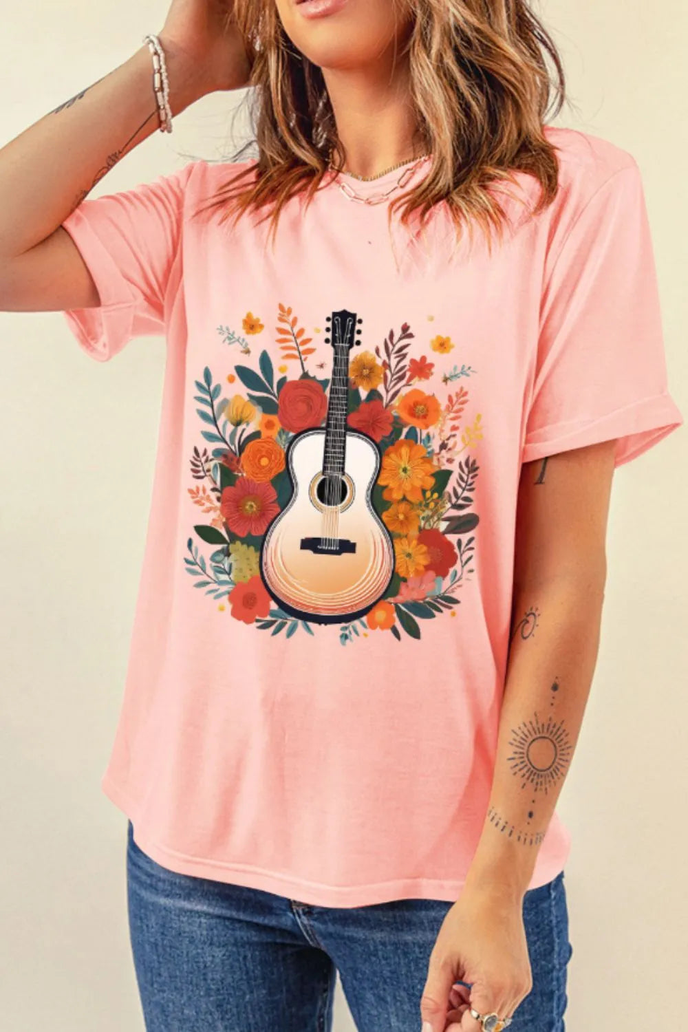 Guitar Flower Print Crew Neck Loose T Shirt