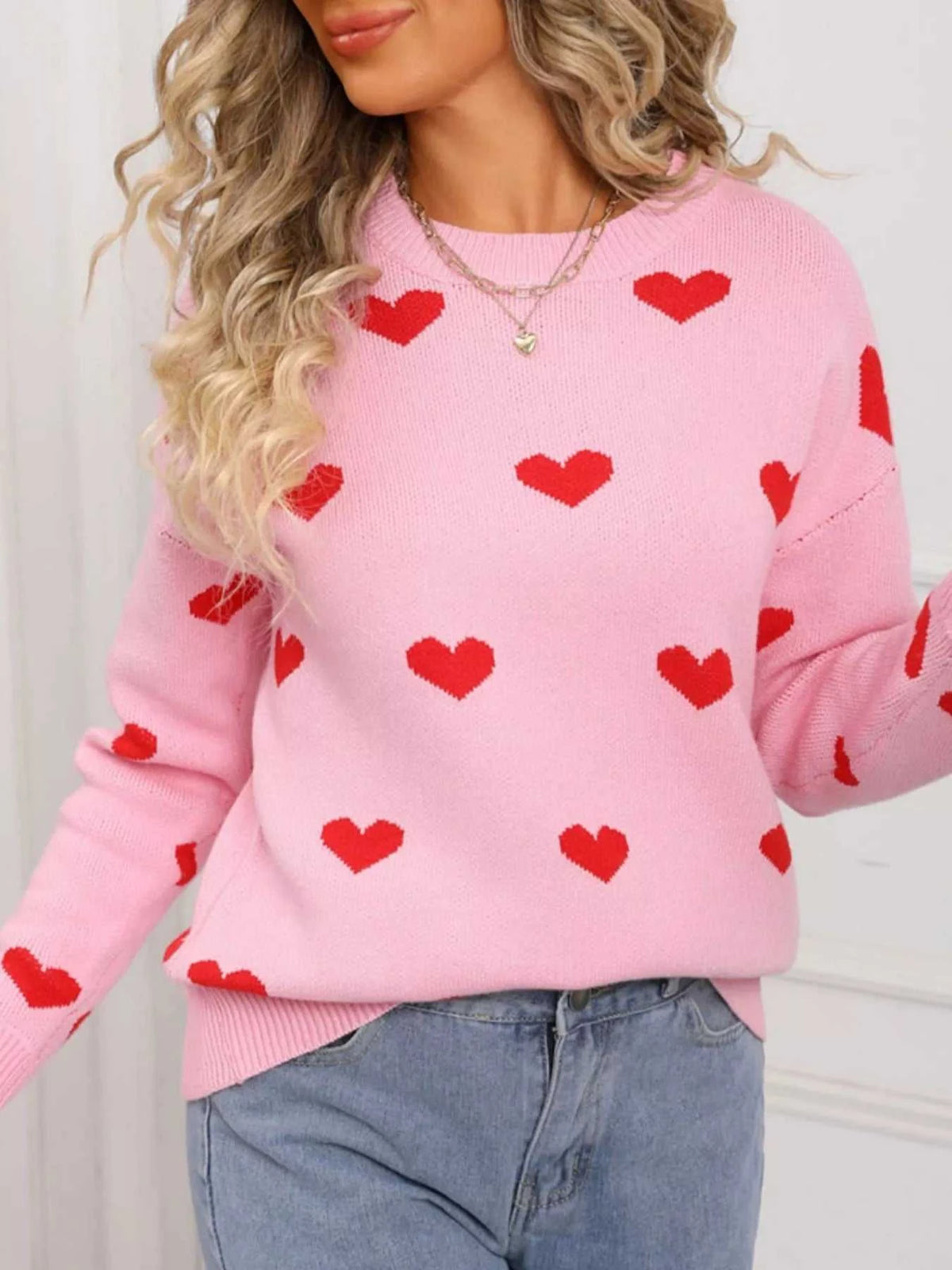 Valentine's Day Heart Pattern Dropped Shoulder Sweater 100100193932322 48 Affordable Fashion Under $100 Jerry's Apparel 