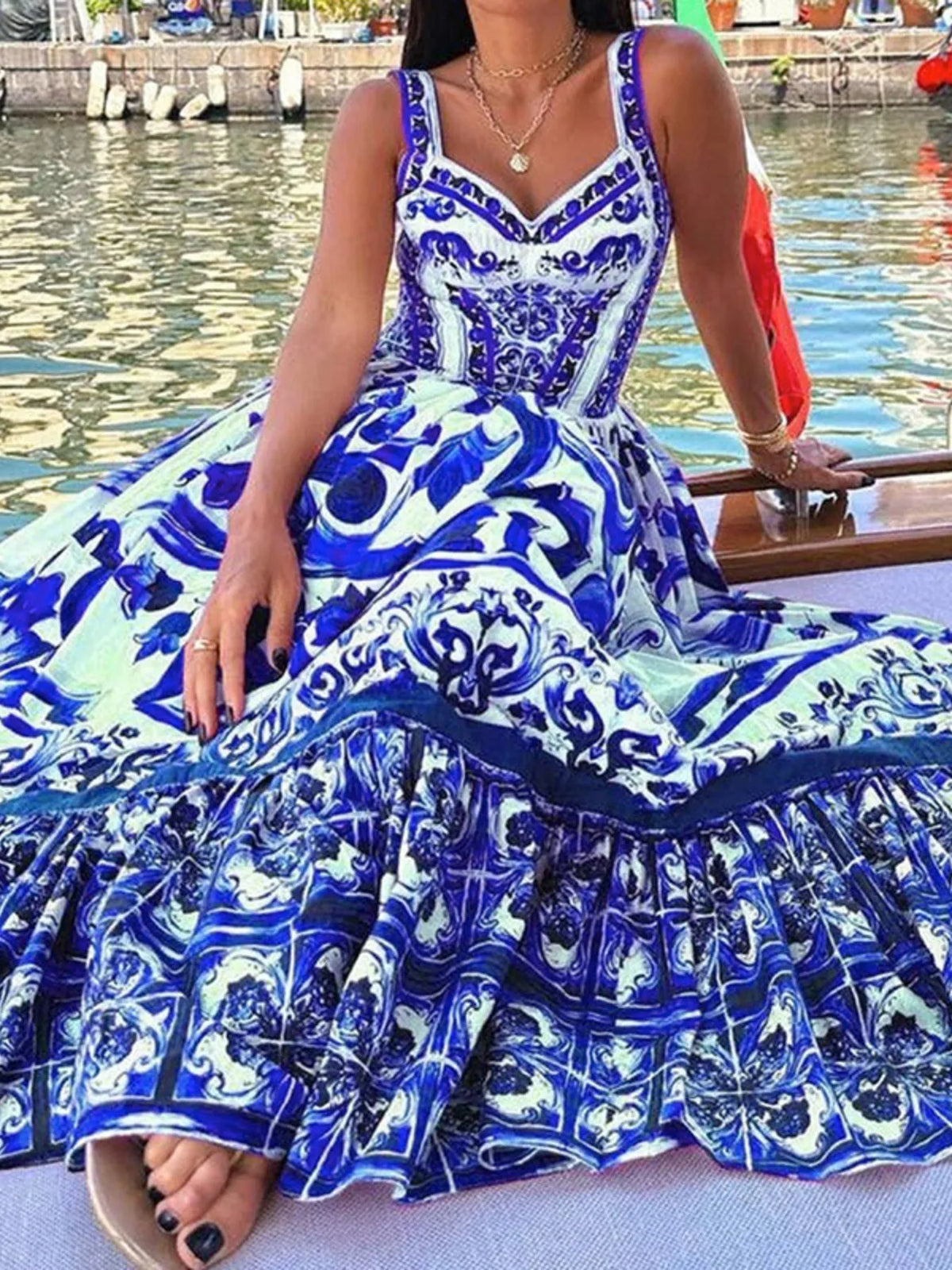 Full Size Printed Sweetheart Neck Maxi Cami Dress Plus Size