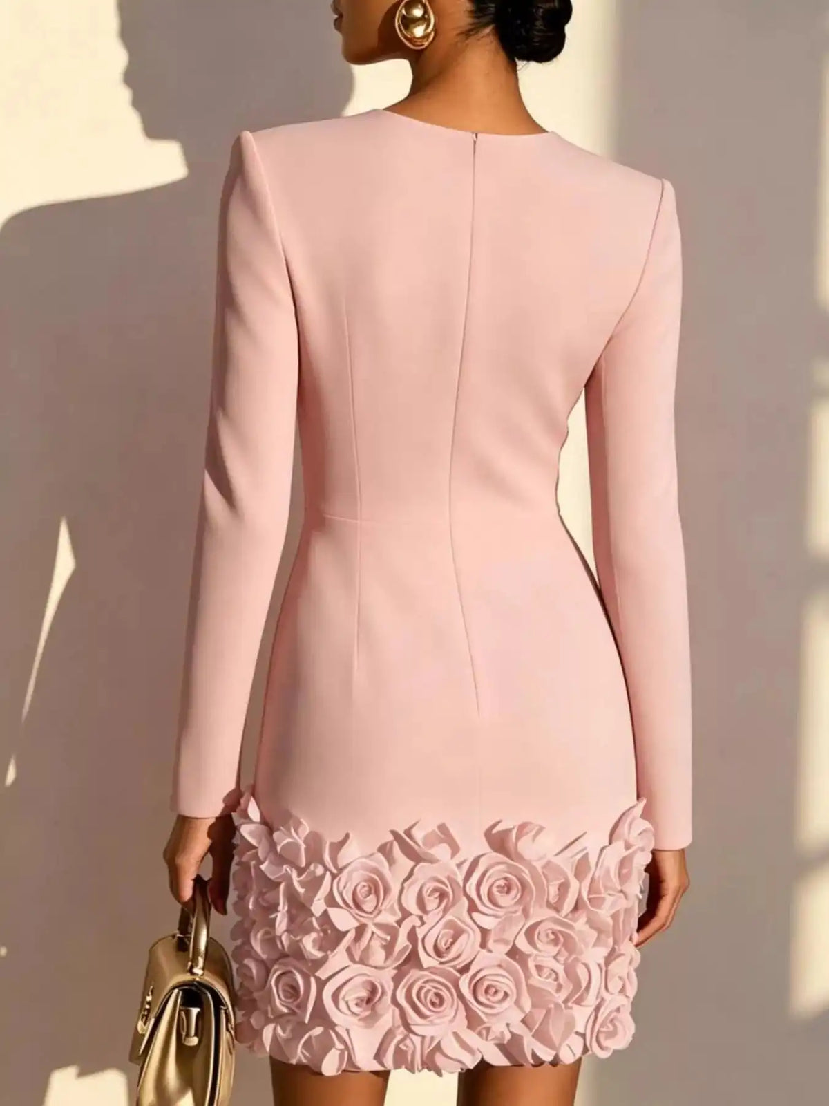 V-Neck Long Sleeve Mini Dress with 3D Rose Floral Hem 101001375780495 54 Affordable Fashion Under $100 Jerry's Apparel 