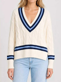 V-Neck Cable Knit Sweater with Contrast Striped Trim 101002074926280 41 Affordable Fashion Under $100 Jerry's Apparel 
