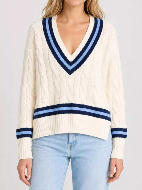 V-Neck Cable Knit Sweater with Contrast Striped Trim 101002074926280 41 Affordable Fashion Under $100 Jerry's Apparel 