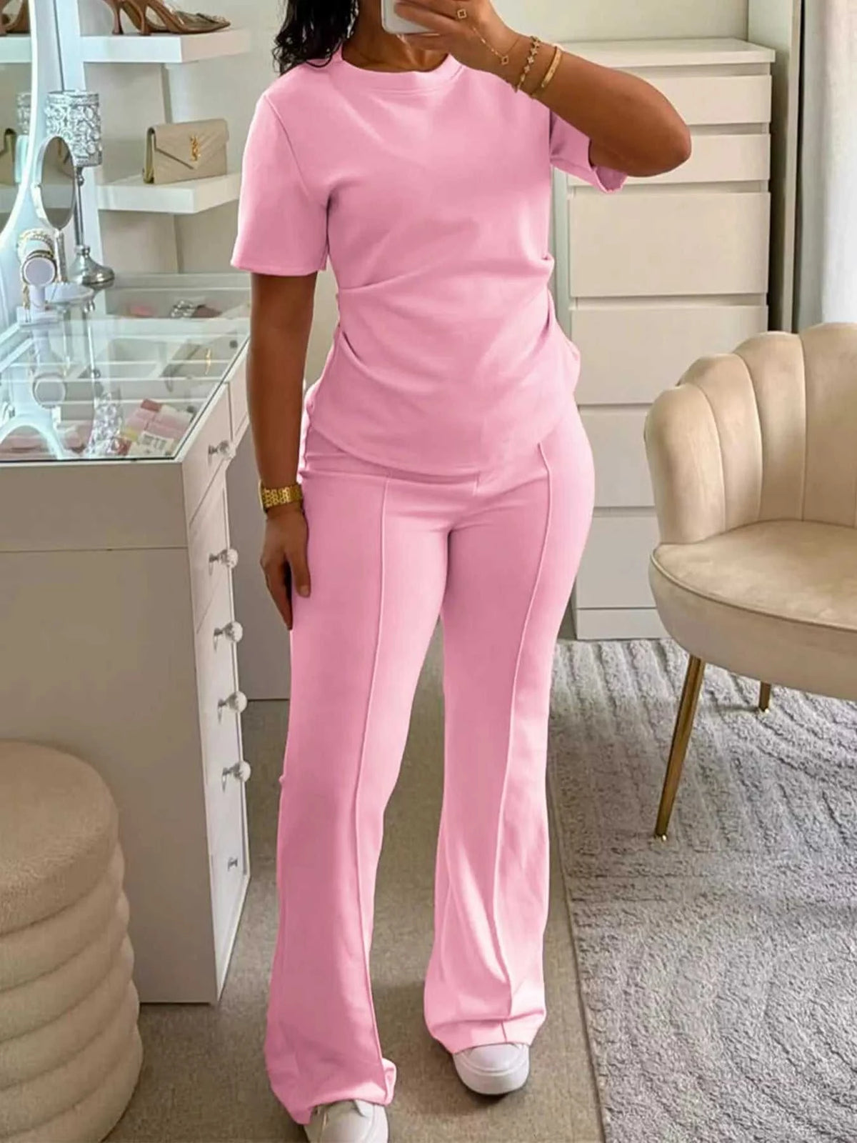 Round Neck Short Sleeve Top and Pants Set 100100859935635 53 Affordable Fashion Under $100 Jerry's Apparel 