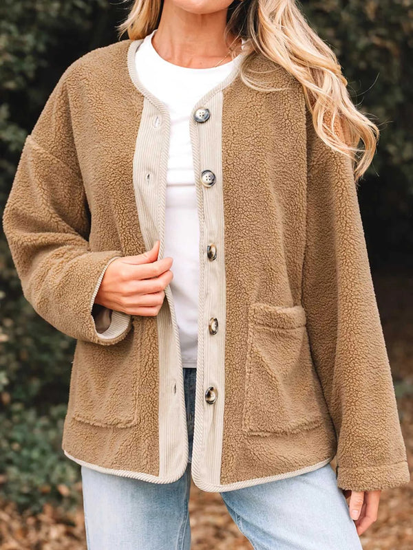 Puffy Plush Corduroy Edge Patchwork Jacket with Pockets 100100850651058 63 Affordable Fashion Under $100 Jerry's Apparel 