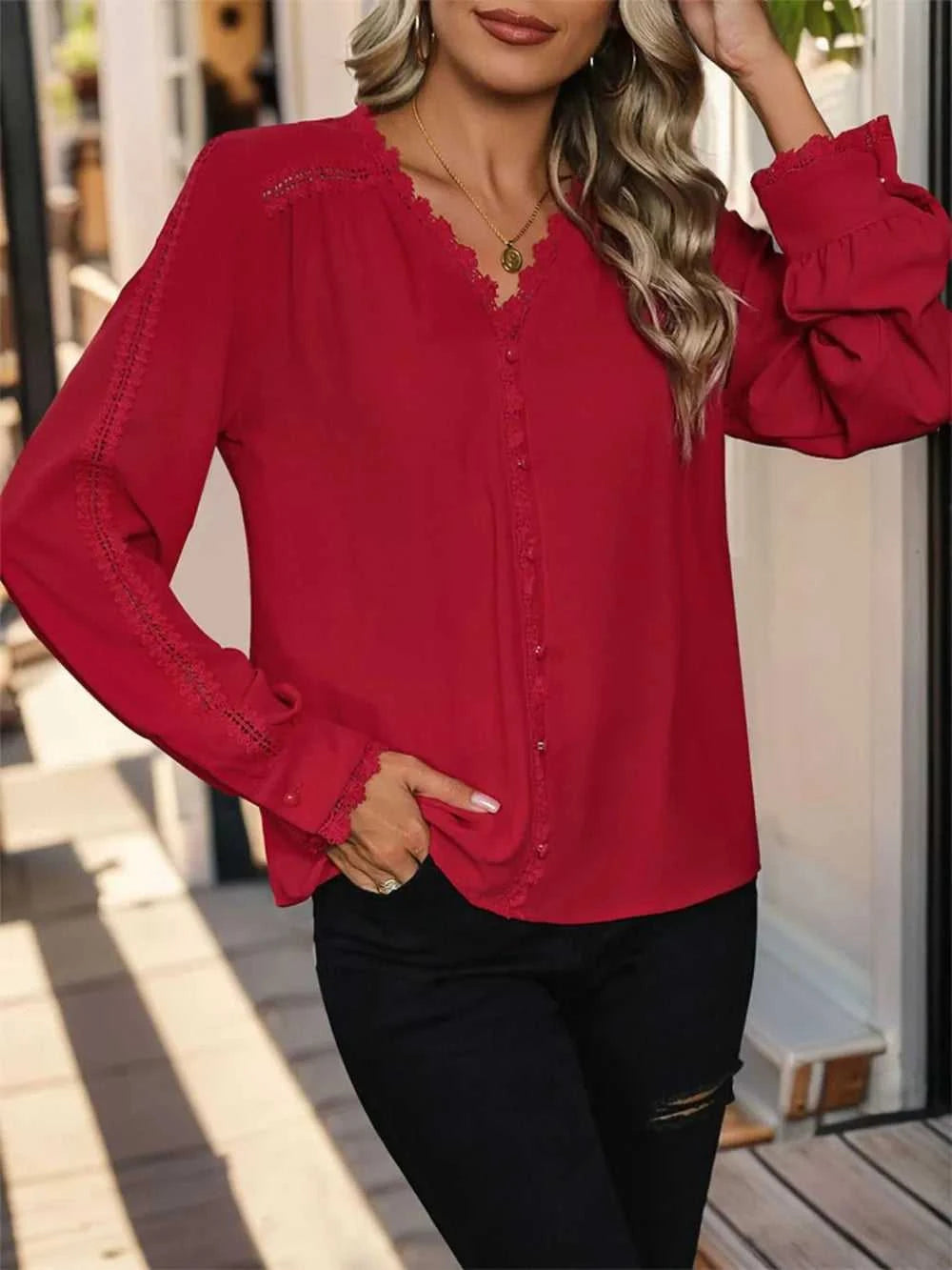 Perfee Lace Detail V-Neck Long Sleeve Blouse 100100360921266 33 Affordable Fashion Under $100 Jerry's Apparel 