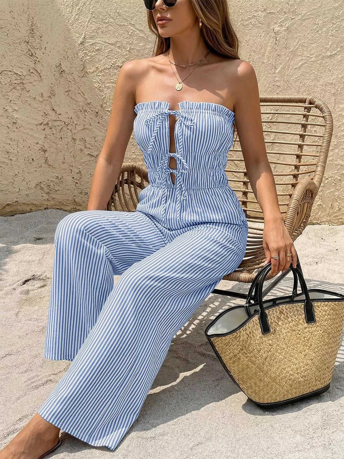 Striped Strapless Tie Front Wide Leg Jumpsuit 100100534610280 39 Affordable Fashion Under $100 Jerry's Apparel 
