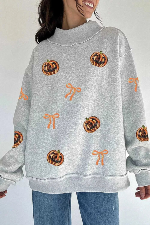 Sequin Pumpkin Face Bow Exposed Seam Halloween Sweatshirt 101001652455075 55 Affordable Fashion Under $100 Jerry's Apparel 