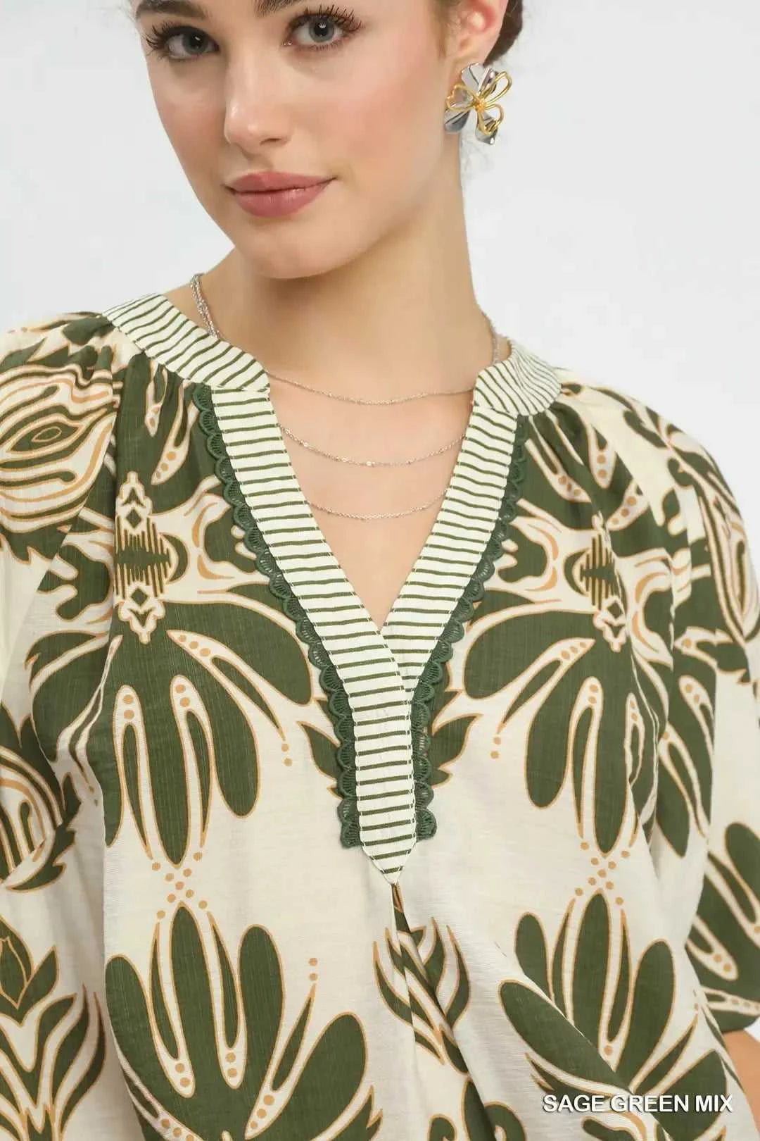 Umgee Mix Printed Puff Sleeve Top with Contrast Trim 100100368811018 47 Affordable Fashion Under $100 Jerry's Apparel 