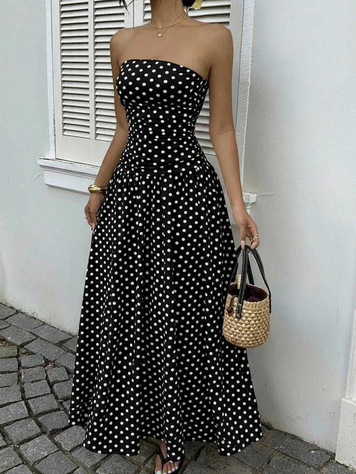 Polka Dot Ruched Strapless Maxi Dress 100100571591283 31 Gifts for Her Jerry's Apparel 