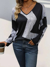 Perfee Color Block V-Neck Long Sleeve T-Shirt 100100381231602 33 Affordable Fashion Under $100 Jerry's Apparel 