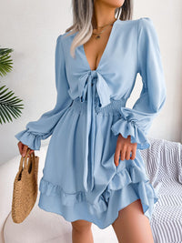 Tie Front Smocked Waist Flounce Sleeve Dress