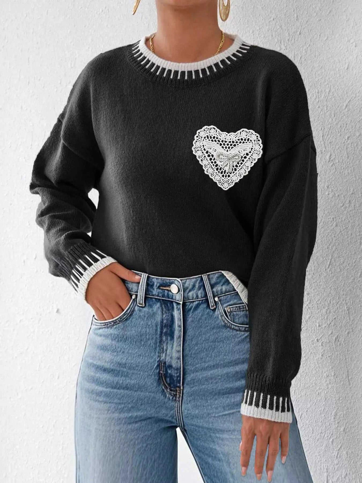 Lace Heart Contrast Trim Sweater 101002229770019 36 Affordable Fashion Under $100 Jerry's Apparel 
