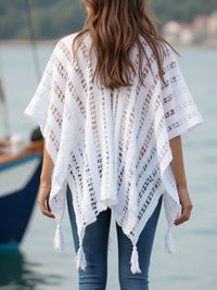 Openwork Tassel Open Front Knit Cover Up