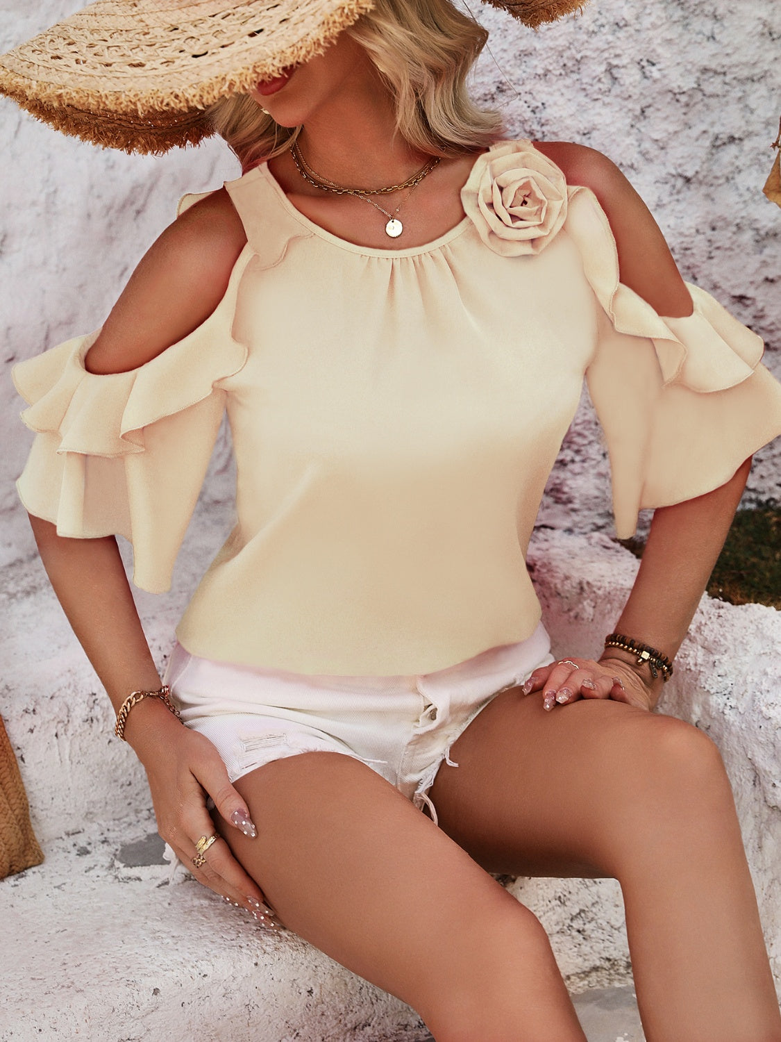 Honey Ruffled Round Neck Half Sleeve Blouse