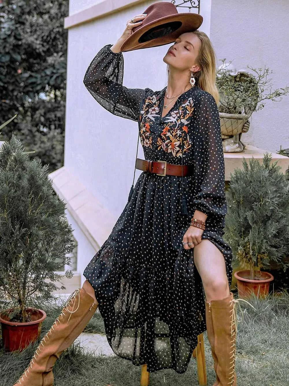 Embroidered Polka Dot Tie Neck Long Sleeve Midi Dress 100100423971743 52 Gifts for Her Jerry's Apparel 