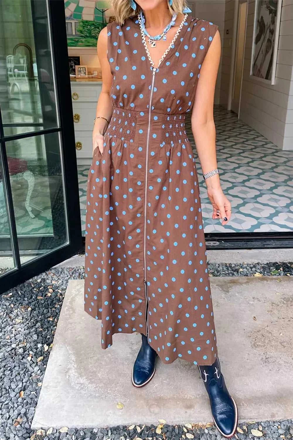 Polka Dot Zipper Front Midi Dress 100100529252916 67 Gifts for Her Jerry's Apparel 