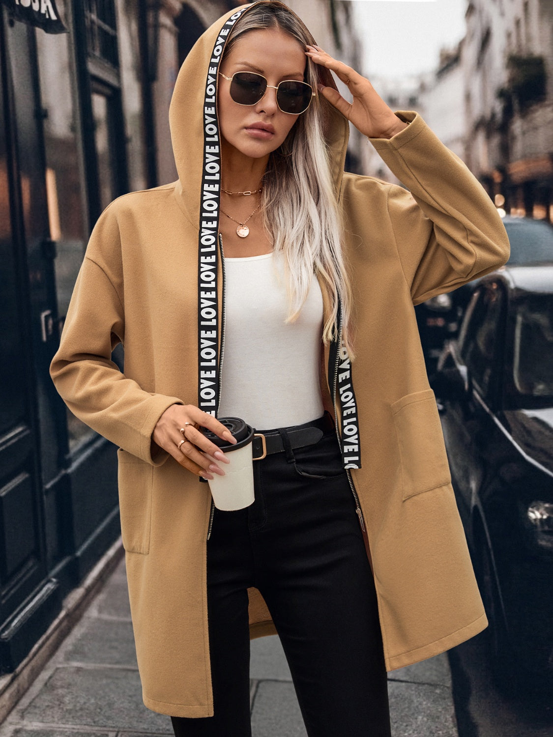 Letter Print Strap Zip Up Hooded Trench Coat