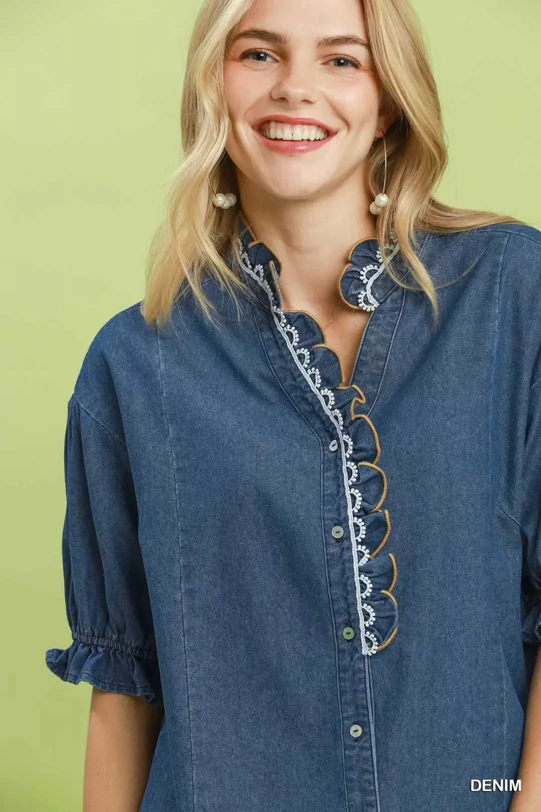 Umgee Chambray Scalloped Trim Button Front Blouse 100100023281071 57 Affordable Fashion Under $100 Jerry's Apparel 