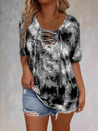 Tie Dye Lace-Up V-Neck Casual T-Shirt