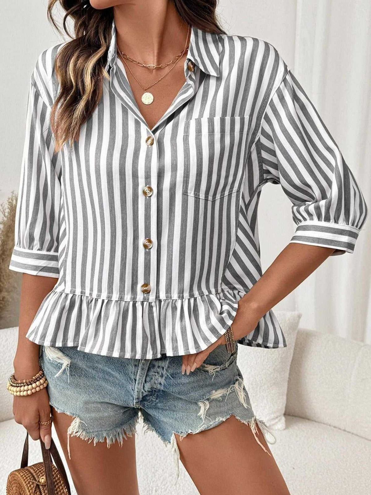Striped Ruffle Hem Button-Down Shirt 100100634757459 44 Affordable Fashion Under $100 Jerry's Apparel 