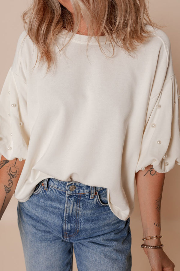 Pearl Detail Round Neck Half Sleeve Blouse