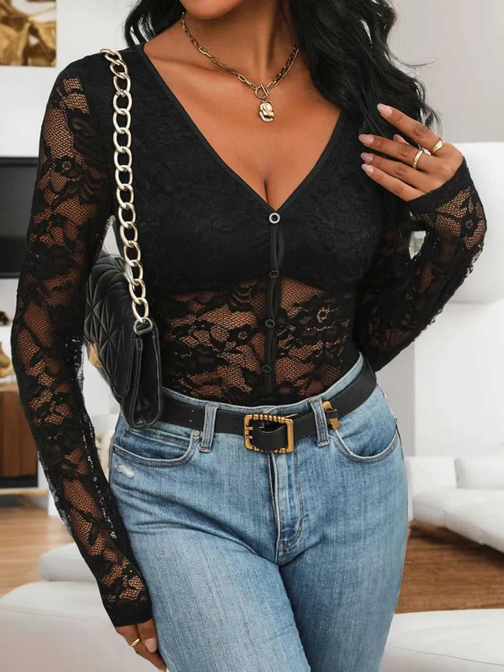 Perfee Lace V-Neck Long Sleeve Bodysuit 100100551501196 32 Affordable Fashion Under $100 Jerry's Apparel 