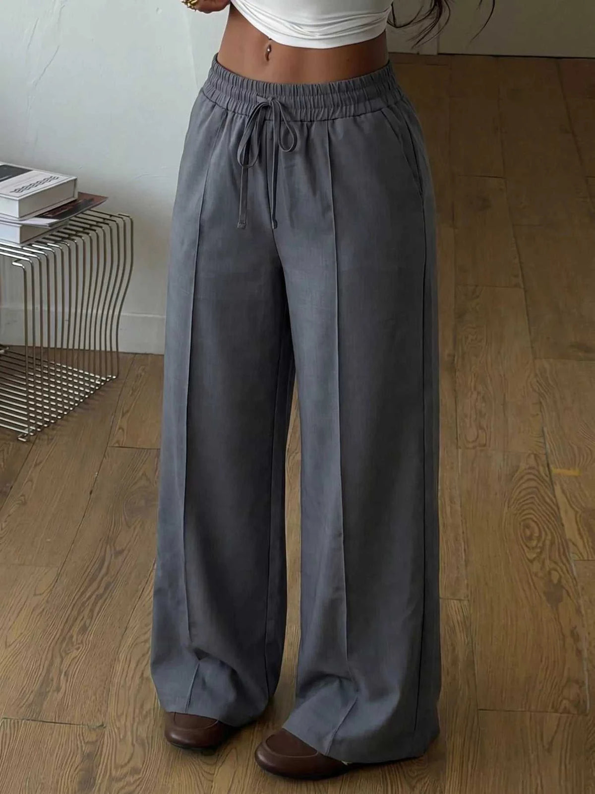 High-Waisted Wide-Leg Drawstring Pants 100100429371220 37 Jerry's Apparel 