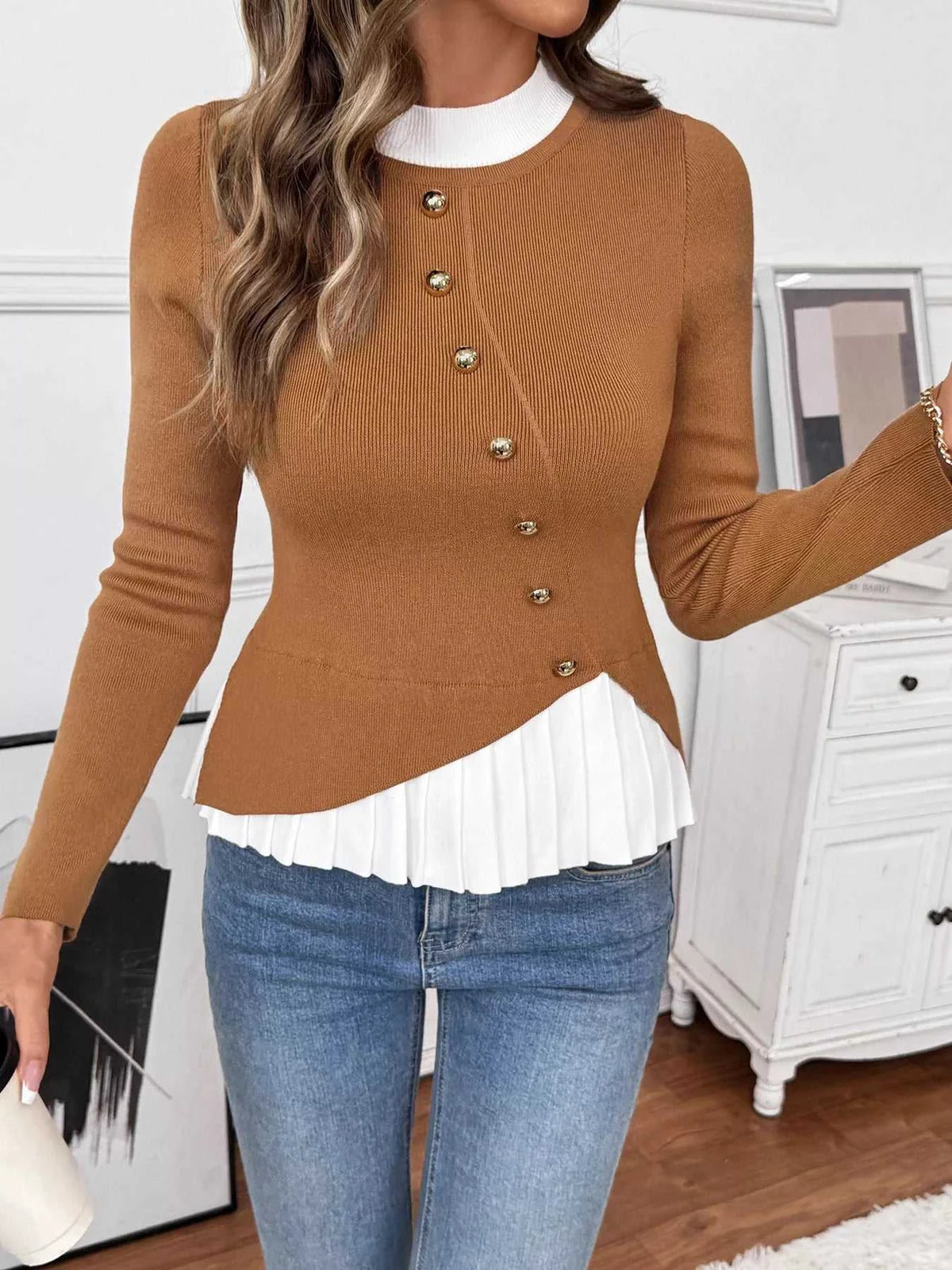 Decor Button Contrast Hem Knit Top 100100315297138 47 Affordable Fashion Under $100 Jerry's Apparel 