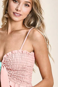 BiBi Woven Color Block Smocked with Ribbon Bra Top