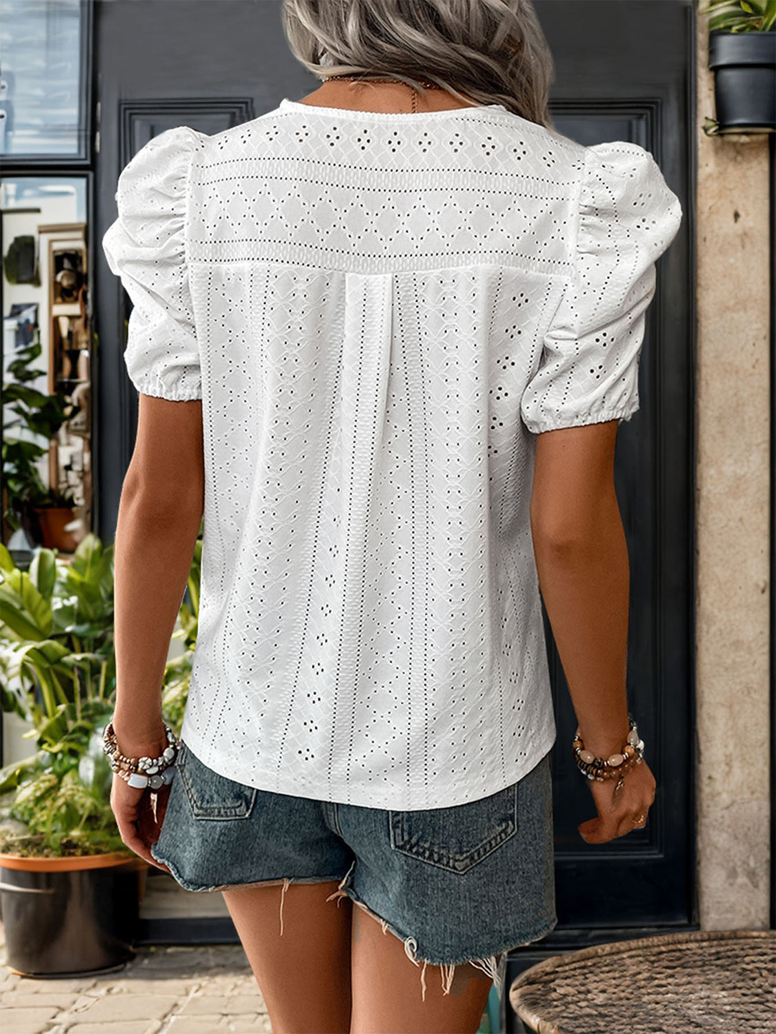 Lace Detail Eyelet V-Neck Short Sleeve Blouse